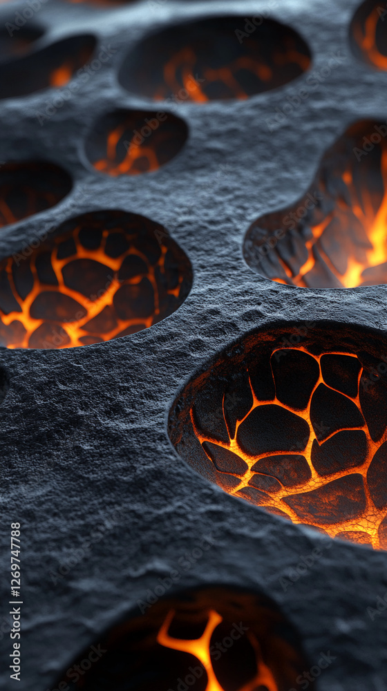 Poster close-up of dark porous surface with glowing orange patterns inside holes, showcasing an abstract an