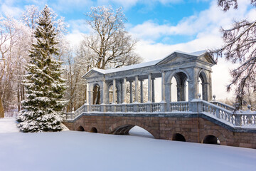 Marble bridge in Catherine park in winter, Tsarskoe Selo (Pushkin), Saint Petersburg, Russia