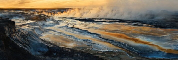 Geothermal Landscape at Golden Hour Sunrise Steam