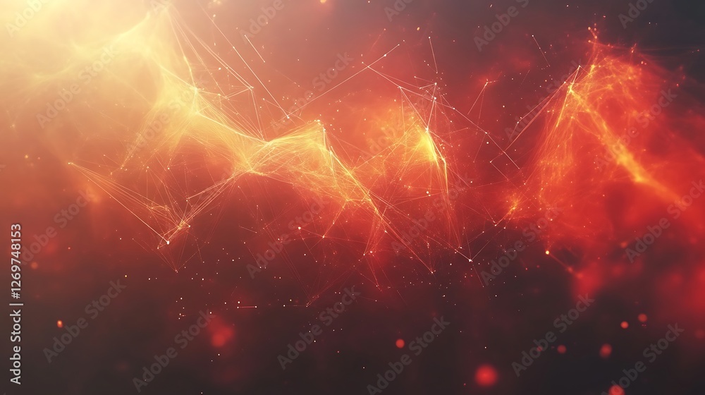 Poster interconnected network of glowing data points in warm tones background