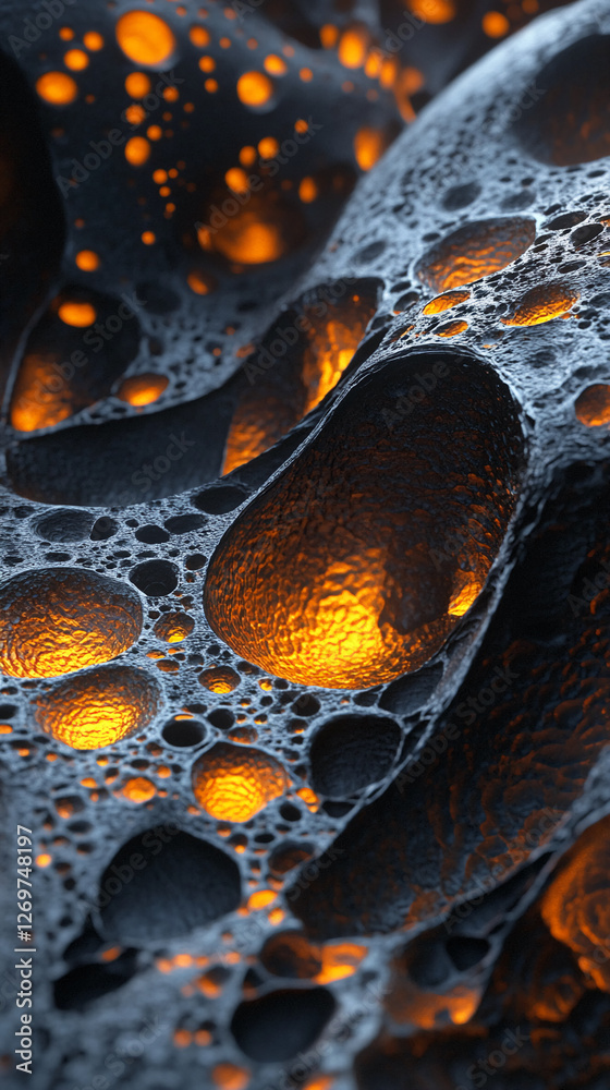 Poster close-up image of textured surface with glowing orange light peeking through holes, creating a drama