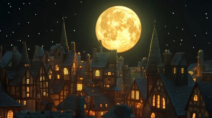 Naklejka premium A Nighttime Village Underneath A Large Yellow Moon