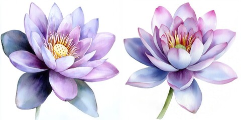 Watercolor painting of a purple water lily lotus flower on white background with delicate brush strokes