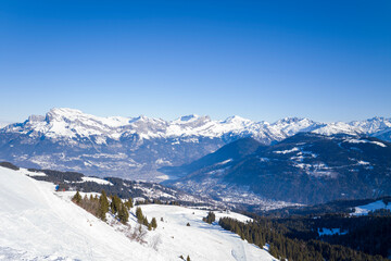 The Alps above Passy and Chamonix in Europe, France, Auvergne Rhone Alpes, Haute Savoie, Chamonix,...