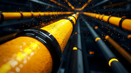 Abstract Yellow and Black Industrial Pipeline Tunnel with Glowing Details