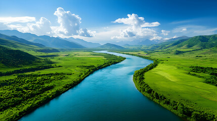 Aerial View of a Winding Turquoise River Flowing Through a Lush Green Valley With Mountains Under a Blue Sky