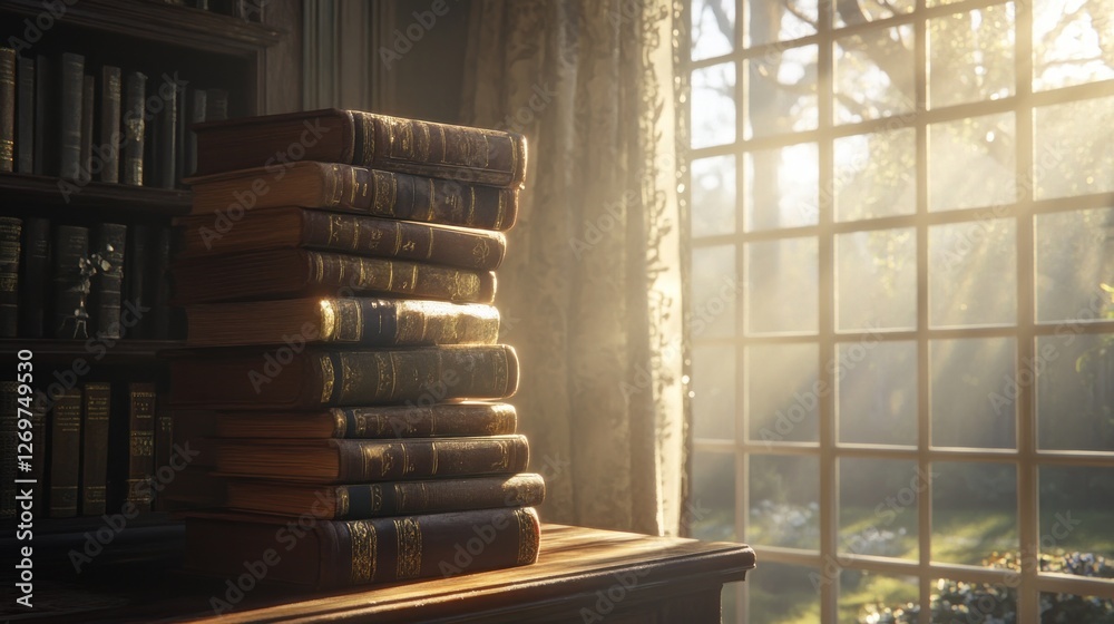 Poster stack of vintage books near a window in a library