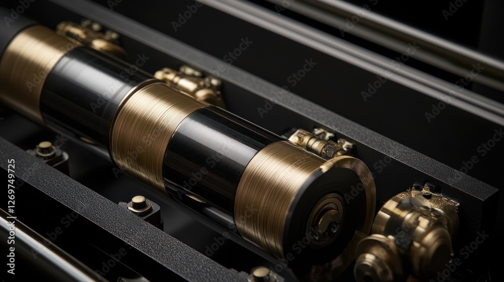 Poster cylindrical object wrapped in gold bands rests in dark setting