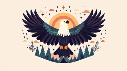 Fototapeta premium A majestic eagle spreads its wings against a vibrant background of nature.