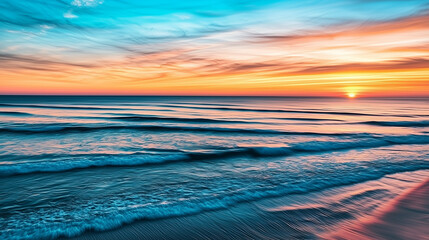 Obraz premium Seaside vista at pastel sunset, wide horizon bathed in soft trendy light. Escape to the coast.