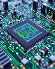 Fototapeta premium Macro shot of an SSD storage chip, neon green and blue binary streams running across circuits, visible NAND flash memory modules emitting soft pulsing