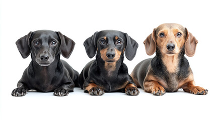 Black dachshund bundle (sitting, portrait, lying) isolated on a white background.
