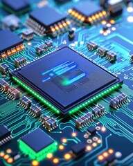 Obraz premium Macro shot of an SSD storage chip, visible NAND flash memory modules pulsating with blue and green light signals, glowing electronic circuits transmitting