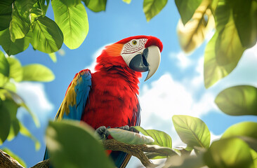 Colorful Macaw Parrot Perched Close Up Displaying Vibrant Red, Blue, and Yellow Feathers