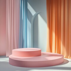 Colorful Stage Setup With Circular Podium Surrounded by Draped Curtains in Pastel Colors Enhanced by Natural Light