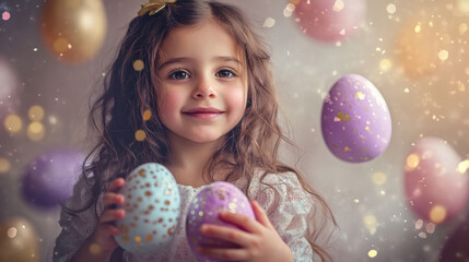Naklejka premium Whimsical moment of a girl having fun with colorful egg-shaped balloons