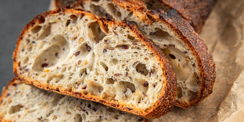 Bread cereal sunflower, chia, flax seed, cut oats fresh tasty food dish delicious gourmet food background on the table rustic food top view copy space vegetarian and vegan food