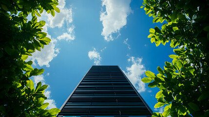 Architectural Marvel Ascending Toward Blue Sky Framed By Green Foliage Modern Building