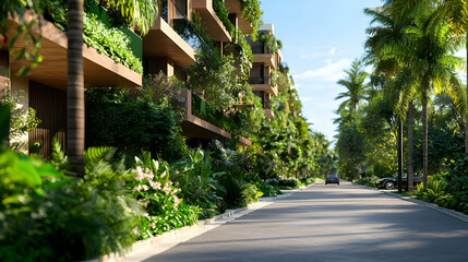Apartment Building Exterior with Vertical Gardens and Tropical Trees on a Sunny Day