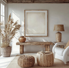 A framed piece of artwork mockup in a farmhouse, in the entry way of the home.