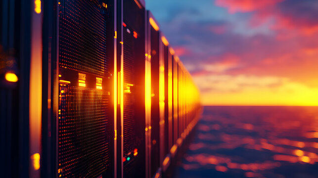 Array of Dark Servers with Intense Orange Sunset Reflection and Blue Horizon in a Futuristic Data Center