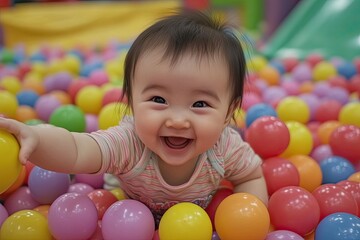 Obraz premium A happy baby playing in the ball pit at an indoor play center, laughing and waving their arms around.