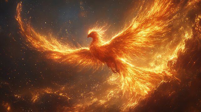 Vibrant phoenix soaring from the ashes of fragmented technology symbolizing rebirth