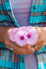 A close view of a woman holding some small wildflowers in her hand, representing care for nature, seasonal harmony, and the beauty of blooming spring meadows and soft breezes
