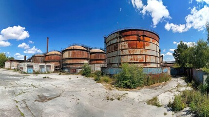 Obraz premium Rusty Industrial Storage Tanks Under a Blue Sky