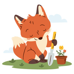 Flat vector illustration on white background in simple childish style. Cute fox planting flowers, spring illustration. Vector illustration