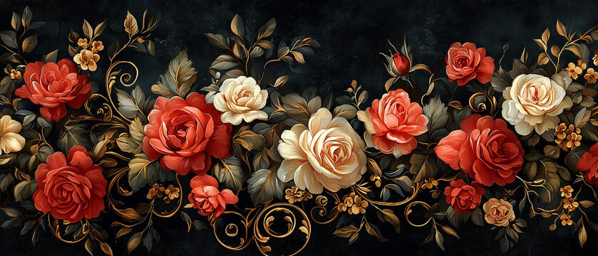 Papier peint fond d'&eacute;cran floral baroque luxueux avec ornements dor&eacute;s et fleurs raffin&eacute;es