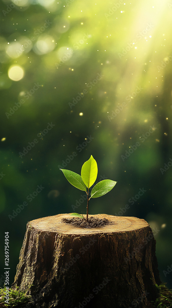 Poster Close-up image of a small green plant sprouting from a tree stump with soft sunlight filtering through the forest, symbolizing new growth, nature, and environmental renewal.