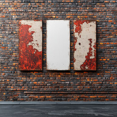 street art style in 2D rectangle for creative AI with 3 flat vector blocks on brick wall in alley.