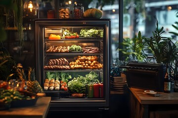 Fresh ingredients and working barbecue machines in a minimalist barbecue restaurant