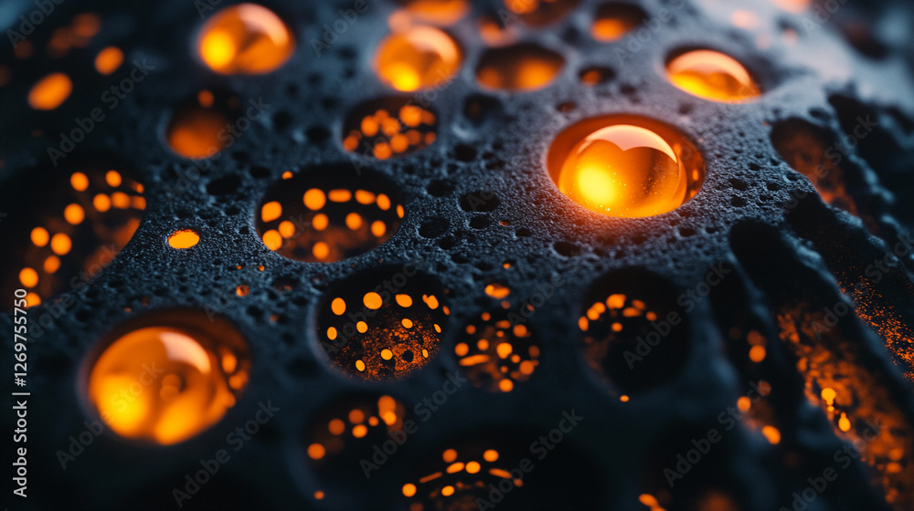 Poster close-up of a textured surface with glowing orange lights in circular holes, showcasing a modern, ab