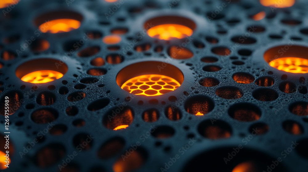 Poster Close-up of a dark textured surface with illuminated orange lights in circular holes, creating an abstract design with glowing patterns and water droplets.