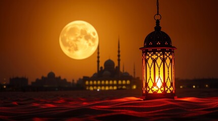 Fototapeta premium Glowing Lantern Desert Night Ramadan Scene Full Moon