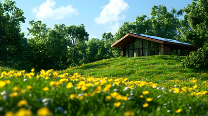 Obraz premium Cabin on Green Hillside with Wildflower Meadow Under Blue Sky on a Sunny Day