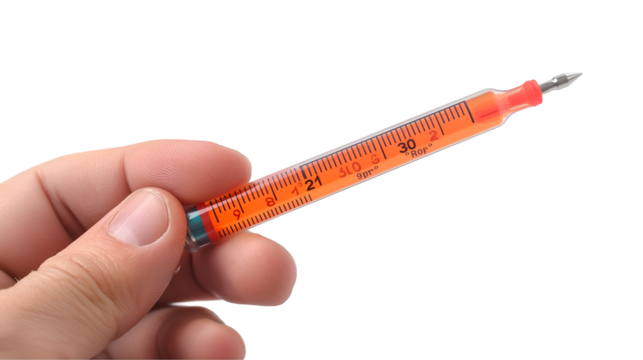 Hand Holding Syringe Orange Liquid Measurement, Medical Tool for Dosing and Fluid Control, isolated on transparent background.