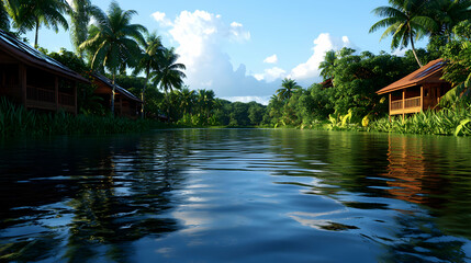 Calm River Reflecting Lush Tropical Vegetation and Wooden Houses Under a Bright Sky in a Tranquil Scene