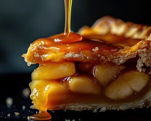 caramel drizzling down a freshly baked apple pie