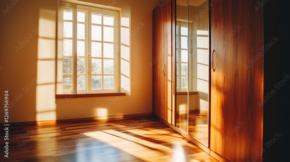 Poster Sunlight streams into an empty room with hardwood floors
