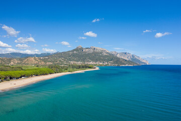 Fototapeta premium The sandy beach in Lotzorai in Europe, Italy, Sardinia, Lotzorai, in summer, on a sunny day.