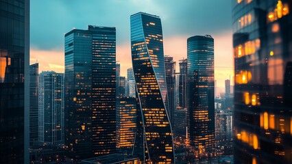 Obraz premium urban skyline featuring a cluster of futuristic high-rise buildings with unique designs, glowing lights at dusk