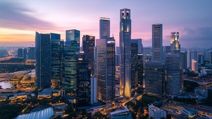 Obraz premium urban skyline featuring a cluster of futuristic high-rise buildings with unique designs, glowing lights at dusk