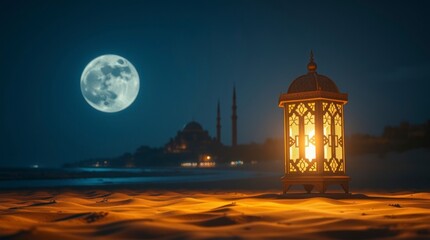 Fototapeta premium Glowing Lantern Moonlit Desert Scene with Mosque