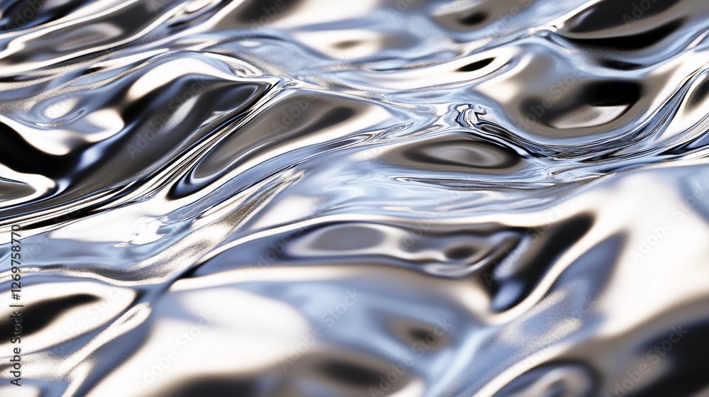 Poster close-up view of rippling, shiny metallic water surface with smooth reflections, capturing a sleek, 