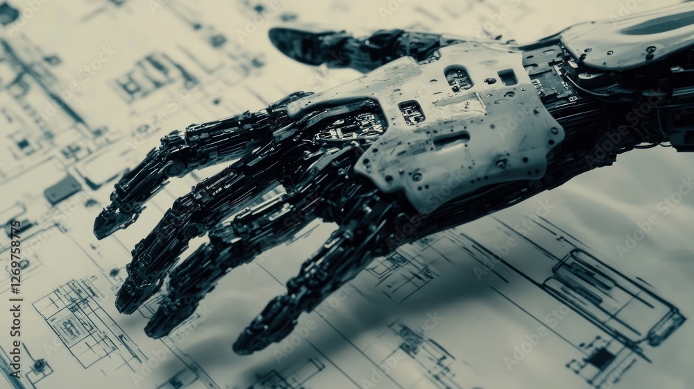Poster robotic hand resting on engineering blueprint
