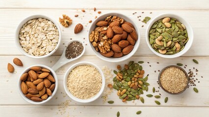 Nutritious nuts grains and seeds arranged in bowls on a wooden table showcasing healthy eating options for a balanced diet