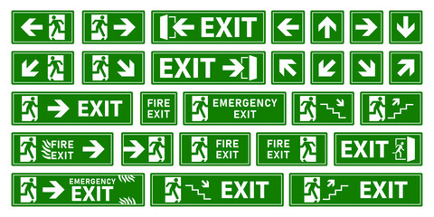 Emergency fire exit sign collection. Running man and exit door sign symbol green, white color. Escape help evacuation. Various exit signs icon isolated on white background. Vector illustration.